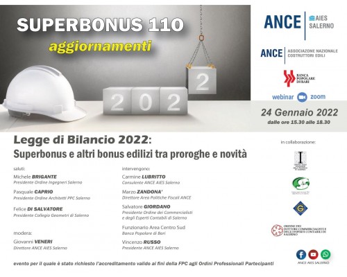 WEBINAR : " Legge di bilancio 2022: Superbonus e altri bonus edilizi tra proroghe e novità."