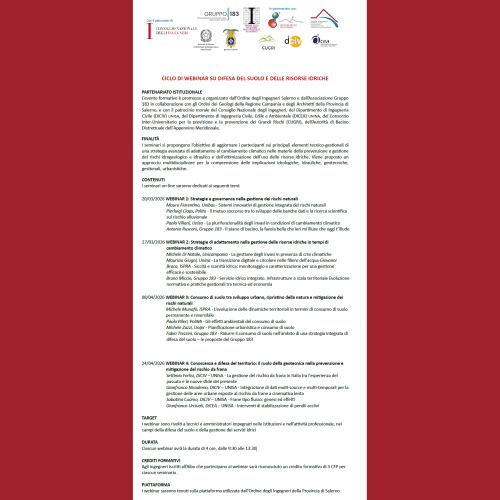 20 Marzo primo Webinar su Difesa del suolo e delle risorse idriche